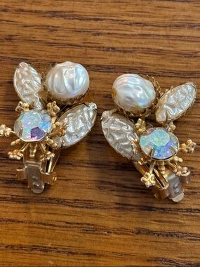 Vintage Gold-Tone Clip Earrings with Pearl-White Accents and Iridescent Crystals